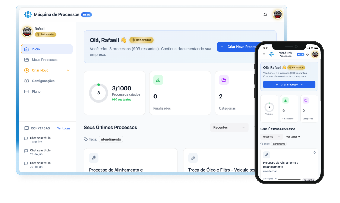 Prévia do sistema Máquina de Processos em desktop e mobile
